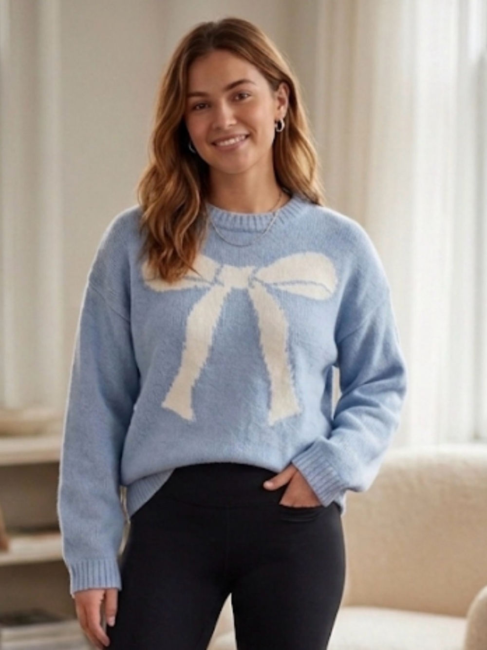 a new day Light Blue Sweater with Cream Bow Graphic